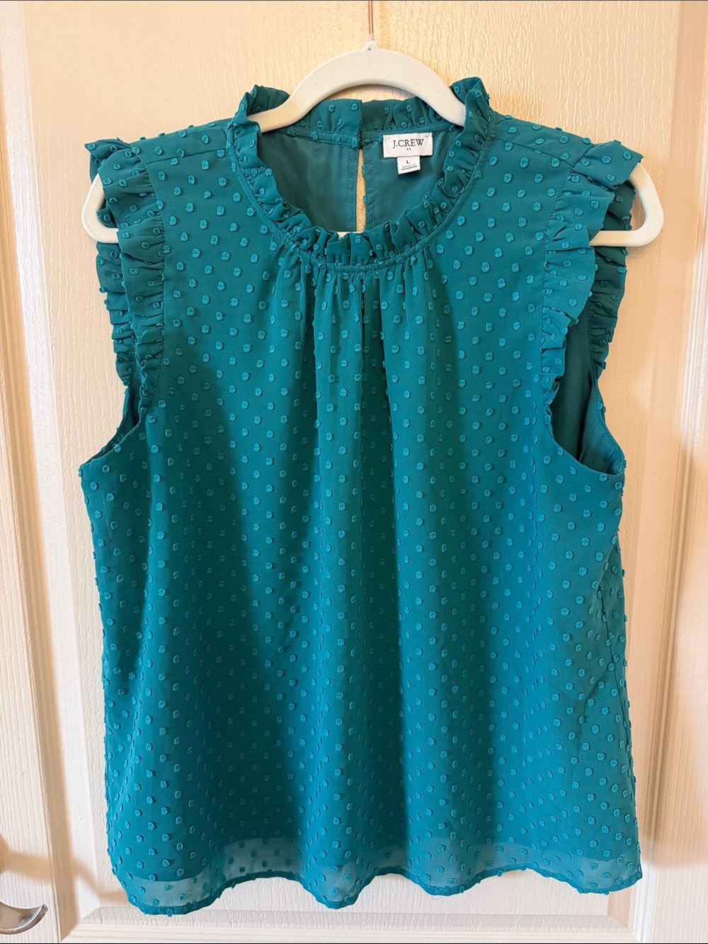 J. Crew Factory Teal Ruffled Swiss Dot Sleeveless Top
